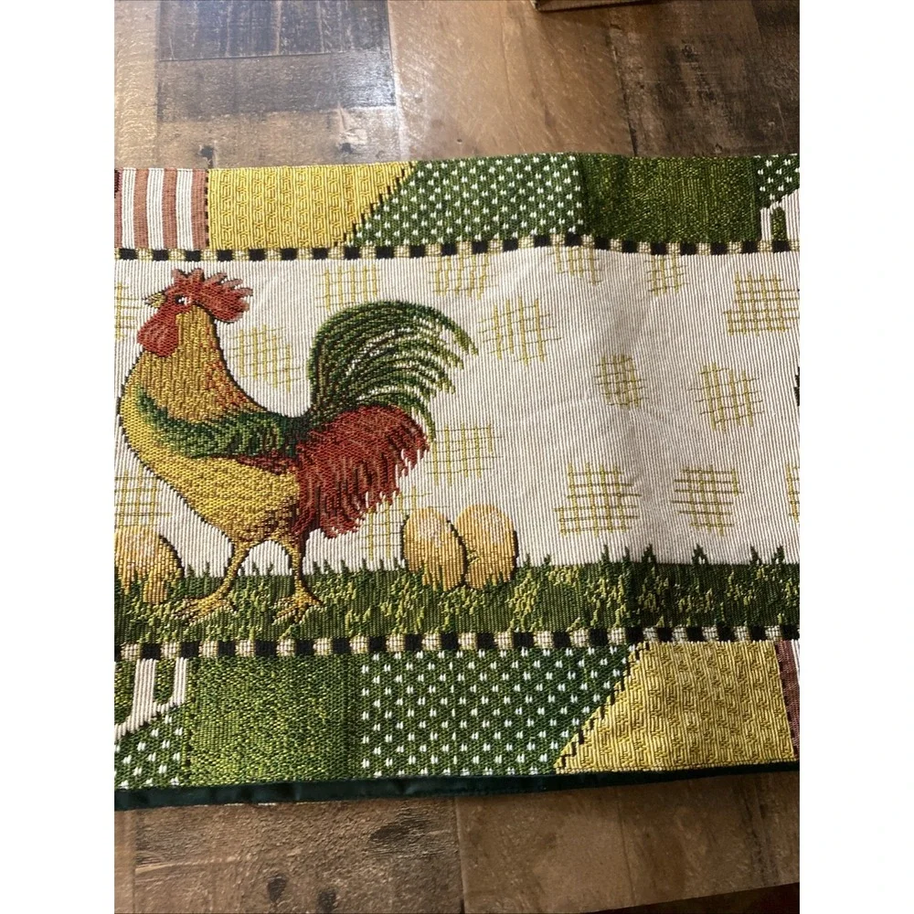 Vtg 90s Rooster Tapestry Table Runner Patchwork Hearts‎ Country Farmhouse Woven